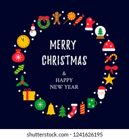 Christmas card with winter icons. Vector illustration in flat design