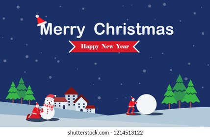 Christmas card winter landscape background with house, Christmas tree and characters playing with snowman and snow ball , Vector Illustration.