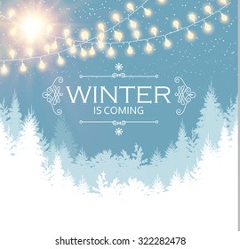 Christmas card. Winter landscape with coniferous forest & light garlands. Vector illustration