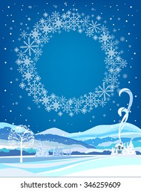 Christmas card with a winter landscape and the frame of the snowflakes.