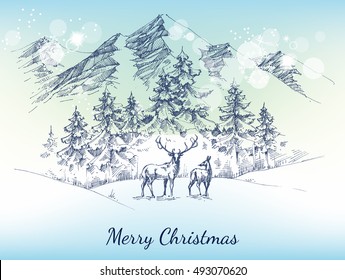 Christmas card. Winter landscape, mountains, pine forest and deer