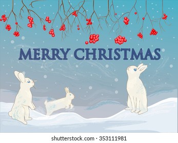 christmas card. Winter landscape with snow, cranberry and rabbits