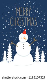 Christmas card with winter landscape and the snowman