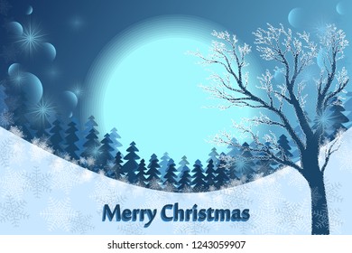 Christmas card. Winter landscape - a tree in the snow, a forest and a big moon. Merry Christmas. Vector.