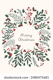 Christmas card with winter leaves and berries, rowanberries, branches. Vector template