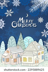 christmas card with winter night town and frosty fir branches