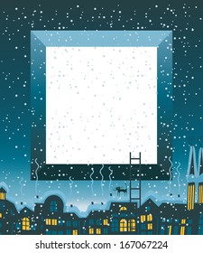 Christmas card with winter old city and place for an inscription