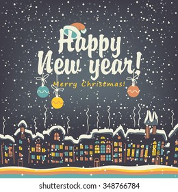 Christmas card with winter old city in snowy night