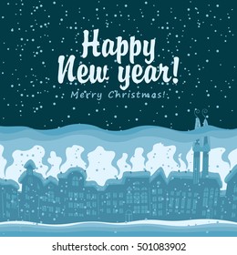 Christmas card with winter old city in snowy night