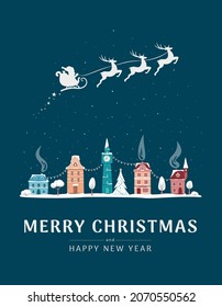 Christmas card with winter old town and Santa sleight. Night city landscape with decorative old buildings and Merry Christmas sign. Winter town. Vector illustration in flat style