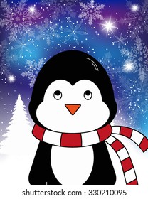 Christmas Card with Winter Penguin - vector christmas illustration template with copy space.
