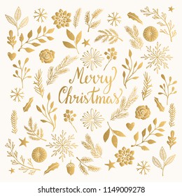 Christmas card with winter plants, flowers, branches. Elegant vintage pattern.