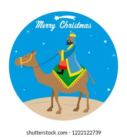 Christmas card. Wise Man Melchoir on a camel
