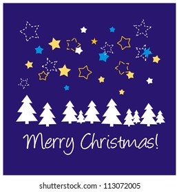 Christmas card with wishes. Classic vector illustration with dark blue background, white, blue and yellow trees and stars & Merry Christmas message