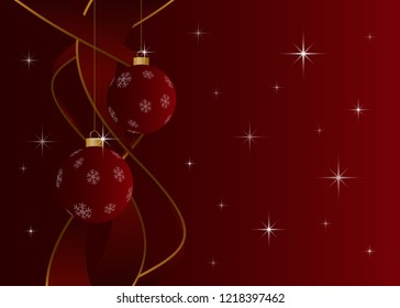 Christmas card without text - two red Christmas baubles with white snowflakes and ribbons in front of a red background with stars. Standard usa greeting card, 5 x 7 inches.