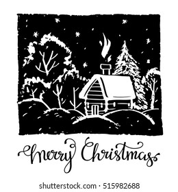 Christmas card. Woodcut. Winter rural landscape with house, trees. Merry christmas handwritten font.