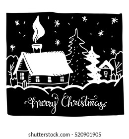 Christmas card. Woodcut. Winter rural landscape with house, trees. Merry christmas handwritten font.