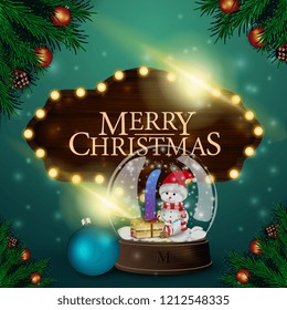 Christmas card with wooden sign and snow globe