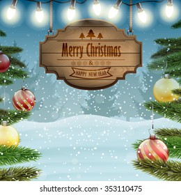 Christmas card with wooden sign and Christmas trees.