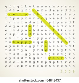 Christmas card - word search puzzle with highlighted compliment of the season