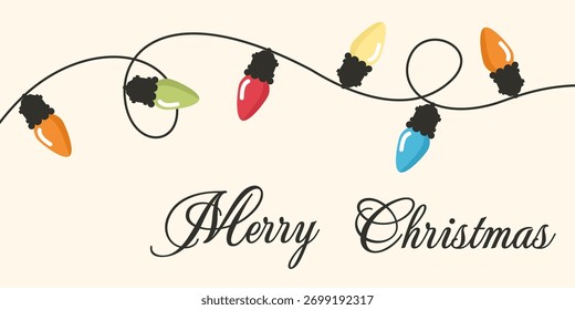 Christmas card with the words Merry Christmas and a string of colorful Christmas lights.