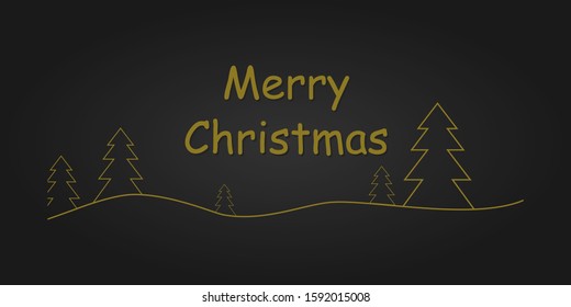 Christmas card with the words merry Christmas and Christmas trees in gold on a black background.