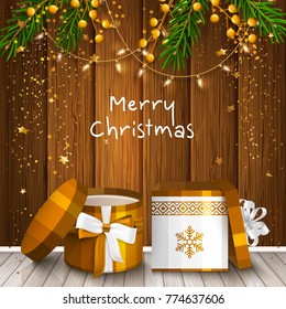 Christmas card with wrapped gift boxes. Fir branches, light bulbs and stars on wooden background. Vector.