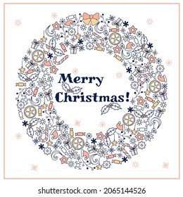 Christmas card. Christmas wreath with bells and christmas attributes. Doodle style illustration