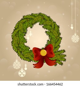 Christmas card with wreath and bow. Christmas ornaments hanging. Vector illustration 