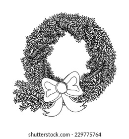 Christmas card with wreath and bow. Christmas ornaments hanging. Vector illustration