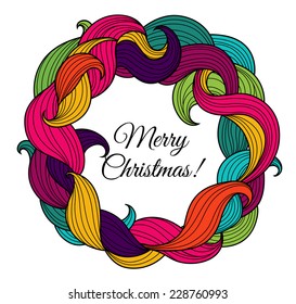 Christmas card with wreath of colorful twirls. Vector illustration.