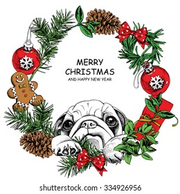 Christmas card. Wreath with a dog Pug and needles, branch, pinecone, toy ball, bow. Vector illustration.