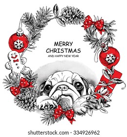 Christmas card. Wreath with a dog Pug and needles, branch, pinecone, toy ball, bow. Vector illustration.