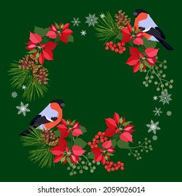 Christmas card wreath with fir tree, poinsettia and bullfinches on green background. Christmas template for banner, ticket, leaflet, card, invitation, poster and so on