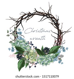 Christmas card, wreath of flowers. Round frame with succulents, berries and herbs, vintage background, digital draw illustration.