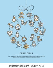 Christmas card with wreath of Christmas gingerbreads . Vector illustration.