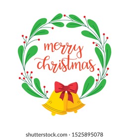 christmas card with wreath laurel and bells cartoon. vector illustration