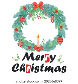 Christmas card with Wreath Made of Pine Branches, Berries, Christmas Flowers and other Festive Elements