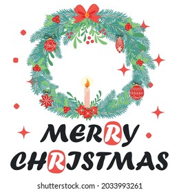 Christmas card with Wreath Made of Pine Branches, Berries, Christmas Flowers and other Festive Elements