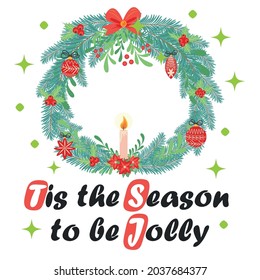 Christmas card with Wreath Made of Pine Branches, Berries, Christmas Flowers and other Festive Elements