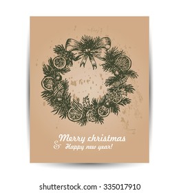Christmas card with a wreath in the middle. Vector  illustration for your design