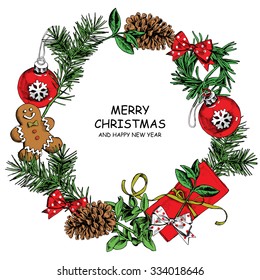 Christmas card. Wreath with a needles branch, pinecone, toy ball, bow, gingerbread man. Vector illustration.