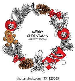 Christmas card. Wreath with a needles, branch, pinecone, toy ball, bow, gingerbread man. Vector illustration.