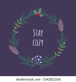 Christmas card with a Christmas wreath on a purple background. Branches of spruce, cones, red and blue berries. Xmas vector background.