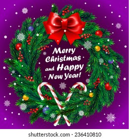 Christmas card with Christmas wreath with red ribbon and decoration on purple background 