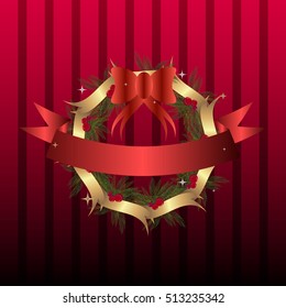 Christmas card with wreath and red ribbon on stripped background