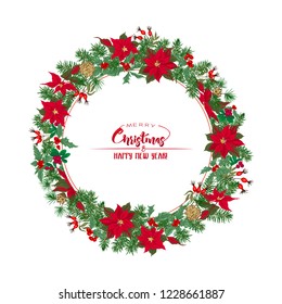 Christmas card with a Christmas wreath of spruce, pine, poinsettia, dog rose, cowberry, cranberry, mistletoe. Colored vector illustration. Isolated on white background.
