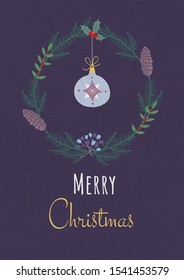 Christmas card with a Christmas wreath and a Christmas toy on a purple background. 