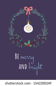 Christmas card with a Christmas wreath and a Christmas toy on a purple background. 