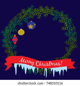Christmas card with wreath and Christmas toys
